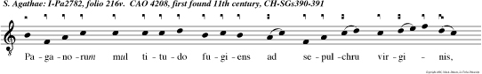 Paganorum mul titudo fugiens ad sepulchru virginis, tulerun velum ejus contra ignem ut com probaret Dominus quod a periculis incendii meritis  Agathae martyris suae eos liberaret.