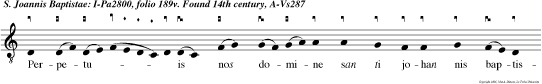 Perpetu  is nos domine san ti johan nis baptiste tuere presi diis et quan to fragiliores l5sumus tan to magis necessariis attolle suffragiis. magnifie u o u a e.
