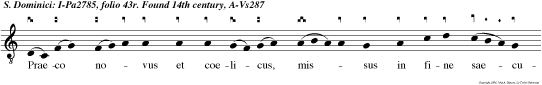 Praeco novus et coelicus, missus in fine saeculi, pauper fulsit Dominicus, forma praevisus catuli.