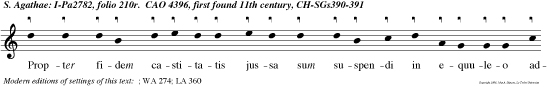 Propter fidem castitatis jussa sum suspendi in equuleo adjuva me, Domine Deus meus, in tortura mamillarum mearum.