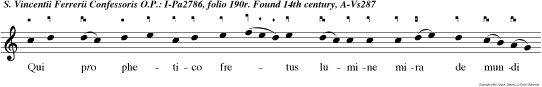 Qui pro phetico fretus lumine mira de
mundi fine docuit in ociduo terre car dine ut sol
vincen tius occubuit et sep tus angeloru agmine
lucidas celi sedes tenu it alleluya Magnificat e u
o u a e.