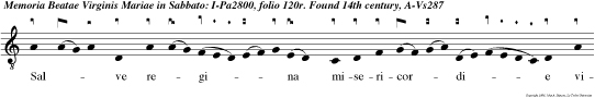 Salve regi na misericordie vita dulce
do et spes nostra salve ad te clamamur exules
filii eve ad te suspira mus gemen tes et flen tes
in hac lacri marum valle eya ergo ad vocata nostra
illos tuos misericor des oculos ad nos converte et
jesum benedictum fructum ventris tui nobis post
hoc exilium ostende O  clemen O  pia O    dulcis
maria. alle lu ya. Ave regina celorum a ve domina
angelo rum salve radix sancta ex qua mun do lux
est or ta gaude glorio sa super omnes spetio sa
vale valde decora et pro no bis semper chr stu exo
ra. Alle     luya. Al ma redem toris ma ter que
pervia celi porta manes et stel la maris succurre
caden ti surgere qui curat populo tu  que genuisti
natura mirante tuum sanctu genitorem vir go prius
ac posterius gabrielis ab ore sumen illud ave
peccatorum miserere. mag-.   e u o u a
e.