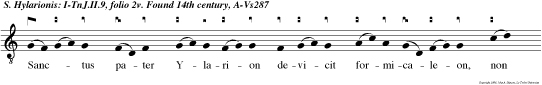 Sanctus pater Ylarion devicit
formicaleon, non metuens latrones excrevit plus
monte Syon, torrente altior Cedron, expulit ba ra
to nes tres suscitavit mortuos, curavit
energuminos, sanavit unam cecam medetur
paraliticos, violat brutos timbricos, refecit
Christi tecam olus expurgat putridum, et stuprum
aufert luridum per sanctam christi crucem salva
nos, pater, sedulos, et orthodoxos populos perduc
ad veram lucem. Magnificat.