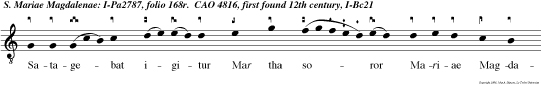 Satagebat igitur Mar tha soror Mariae Magdalenae circa ministerium, quae seden secus pedes Domini audiebat ver ba oris ejus.