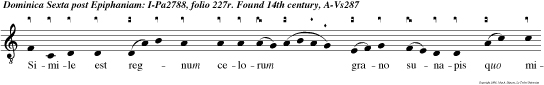 Simile est regnum celorum grano sunapis quo minimum est omnibus seminibus cum autem creverit majus est omnibus oleribus Benedic e u o u a e.