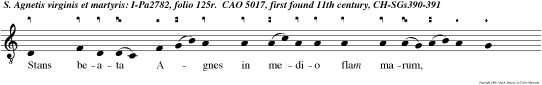 Stans beata Agnes in medio flam marum, expansis manibus orabat ad Dominum Omnipotens adorande, colende, tremen de, benedico te, et glorifico nomen tuum in aeternum.
