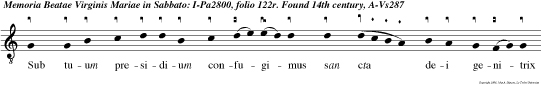 Sub tuum presidium confugimus san cta dei genitrix nostras deprecationes ne despicias in necessitatibus sed a peri culis cunctis liberanos semper virgo benedicta.  Nun dimit. e u o u a e.