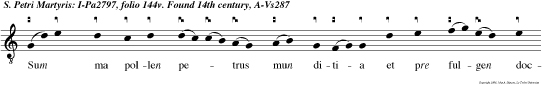 Sum ma pollen petrus mun ditia et pre fulgen doctrine gratia martirii clarus victoria trine fulget corone gloria allelu ya. Benedict e u ou e.