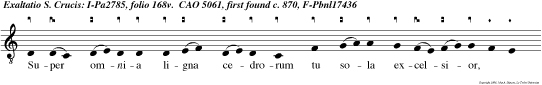 Super omnia ligna cedrorum tu sola excelsior, in qua vita mundi pependit, in qua Christus triumphavit, et mortem superavit, alleluia.