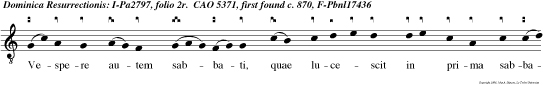 Vespere autem sabbati, quae lucescit in prima sabbati, venit Maria Magdalene et altera Maria videre sepulchr alleluia.