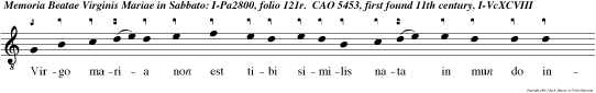 Virgo maria non est tibi similis nata in mun do inter mulieres florensut rosa fragrans sicut lilium ora pro nobis san cta dei genitrix. Cu i vo. e u o u a e.