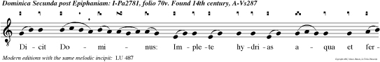 Dicit
Dominus: Implete hydrias aqua et ferte
architriclino. Cum gustasset architriclinus aquam
vinum fatam dicit sponso: Servasti vinum bonum
usque adhuc. Hoc signum fecit Jesus primum
coram discipulis suis.