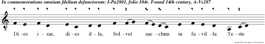 Dies
irae, dies illa, Solvet saeclum in favilla: Teste
David cum Sibylla. Quan tus tremor est futurus,
Quan do judex est ven turus Cunc ta stric te
discussurus! Tuba mirum spargens sonum Per
sepulcra regionum, Coget omnes ante thronum.
Mors stupebit et natura, Cum resurget creatura,
Judicanti respon sura. Liber scrip tus proferetur
In quo totum continetur, Unde mun dus judicetur.
Judex ergo cum sedebit, Quidqui latet apparebit:
Nil inultum remanebit. Quid sum miser tun
dicturus? Quem patronum rogaturus? Cum vix
justus sit securus. Rex tremen dae majesta tis,
Qui salvandos salvas gratis, Salva me, fon
pietatis. Recordare Jesu pie, Quod sum causa tuae
viae: Ne me perdas illa die. Quaeren me, sedisti
lassus: Redemisti crucem passus: Tan tus labor
non sit cassus. Juste judex ultionis, Donum fac
remissionis, Ante diem rationis. Ingemisco, tam
quam reus: Culpa rubet vultus meus: Suppli canti
par ce Deus. Qui Mariam absolvisti, Et latronem
exaudisti, Mihi quo que spem dedisti. Preces meae
non sun dignae: Sed tu bonus fac benigne, Ne per
enni cremer igne. Inter oves locum praesta, Et ab
hae dis me sequestra, Statuens in par te dextra
Con futatis maledictis, Flam mis acribus addictis,
Voca me cum benedictis. Oro supplex et acclinis,
Cor contritum quasi cinis: Gere curam mei finis.
Lacrimosa dies illa, Qua resurget ex favilla
Judicandus homo reus: Huic ergo parce Deus. Pie
Jesu Domine, dona eis requiem. Amen. Lux aeterna
luceat eis, Domine, cum sanctis tuis in aeternum,
quia pius es.