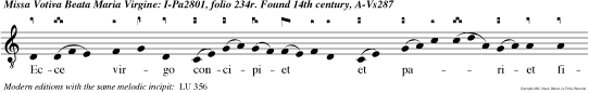 Ecce virgo concipiet et pariet filium et vocabitur nomen ejus emmanuel. Beata visce ra marie virginis que por ta  verun eterni patris filium.