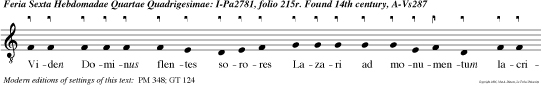 Viden Dominus flentes sorores Lazari ad monumentum lacrimatus est coram Judeis, et clamabat: Lazare, veni foras: et pro diit ligatis manibus et pedibus, qui fuerat quatriduanus mortuus.