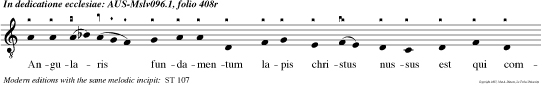 Angularis fundamentum lapis christus nussus est qui compage parietum in utroque vectitur quem syon sancta suscepit in quo credens permanet. Omnis illa deo