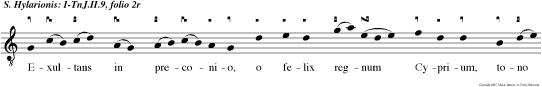 Exultans in preconio, o felix regnum
Cyprium, tono et semitonio patronum lauda
proprium. Pu er crescens progreditur sicut cedrus
in Libano, nomen huic ut dicitur angeli vaticinio.
Dignis datur doctoribus hic imbu endus literis,
probis ornatur moribus sub annis adhuc teneris.
Ylarion catholicam fidem capit puerulus, vitam
gerit mona sticam velut christi discipulus. Annos
per octodecies in corporis ergastulo, vixit
sexdenis septies sanctorum in collegio. Trino deo
et simplici sit laus eque per omnia Ylarionis
supplici prece det celi gaudia. Amen