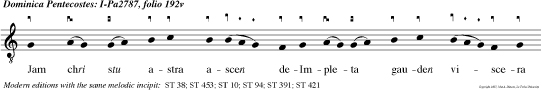 Jam chri stu astra ascen deImpleta
gauden viscera Veni creator spiritus mentes tuorum
visita imple super na gratia que tu creasti
pectora. Ad esto sanc ta tri nitas par splen dor
una deitas  que extas rer omni um sine fine
principium. Orrinitas laudabilis et unitas
mirabilis  in simplici substan tia a virtus maneri
intermina. Ut queant laxis resonare nare fibri
mira gestorum famuli tuorum solve polluti labii
reatum sancte johannes. Beata nobis gaudia anni
reduxit orbita cum spiritus paraclitus effulxit
indisci pulos.
