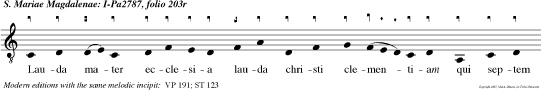 Lauda mater ecclesia lauda christi
clementiam qui septem piugat crimina pro septifor
mem gratiam. Eterni patris unice Jam bone pastor
petre clemen accipe vota precantum et peccati
vincula resolve tibi potestate tradita qua cunctis
celum verbo claudis aperis doctor egregie paule
mores instrue et mente polum nos tran sen re
satage donec perfec tum largiatum pleniis evacuato
que ex