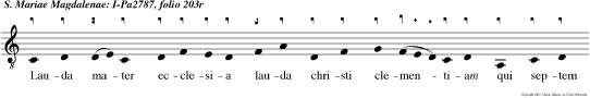 Lauda mater ecclesia lauda christi
clementiam qui septem piugat crimina pro septifor
mem gratiam. Eterni patris unice Jam bone pastor
petre clemen accipe vota precantum et peccati
vincula resolve tibi potestate tradita qua cunctis
celum verbo claudis aperis doctor egregie paule
mores instrue et mente polum nos tran sen re
satage donec perfec tum largiatum pleniis evacuato
que ex