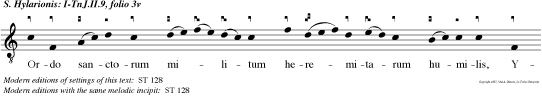 Ordo sanctorum mi litum
heremitarum humilis, Ylarionem inclitum collaudat
turba jubilis. Que sivit hic Anthonium, quem
Christus ei protulit, cuius sanctum commonium ad
vitam sibi profuit. Hic sanctus it ad nemoro non
leti metu territus, nec fugit dira verbera, sed
caritate fervidus. Hunc transitu mirabilem san cto
rum in splen doribus, de celis honorabilem trans
latum celi civibus. Anthoni cucullula hun ornat
atque sacculus, et monachorum regula scribit san
ctu Hieronimus. Honor virtutis inclite Patri
Prolique genite, Sacro spirato Flamini sit sine
meta ter mini. Amen.