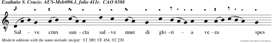 Salve crux sancta salve mun di gloria vera spes nostra vera ferens gaudia signum salu tis salus in periculis vitale lignum vitam ferens omnium.