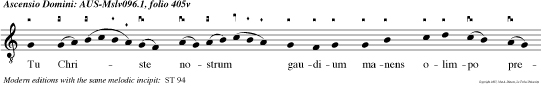 Tu Christe nostrum gaudium manens olimpo preditum mundi regis qui fabricam mundana vincens gaudia.