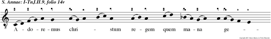 Adoremus christum regem quem mana  genu it. Cuius anna mater sancta hac prole respienduit.