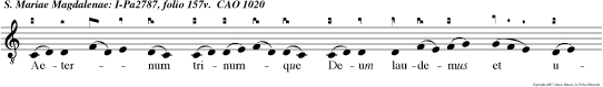 Aeternum trinumque Deum laudemus et unum Qui sibi Mariam tran vexit in aethera san tam