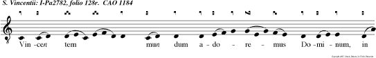 Vincen tem mun dum adoremus Dominum, in quo pres suram mun di martyr vicit Vincentius.