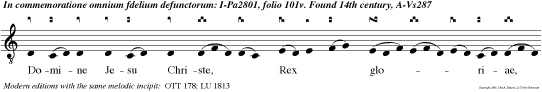 Domine Jesu Christe, Rex gloriae,
libera animas omnium fidelium defunctorum de
manu inferni, et de profundo lacu: libera eas de
ore leonis, ne absorbeat eas tartarus, ne cadant
in obscurum sed signifer sanctus Michael reprae
sentet eas in lucem sanctam: Quam olim Abrahae
promisisti, et semimi ejus. v.Hostias et preces
tibi Domine offerimus: tu suscipe pro animabus
illis, quarum hodie memoriam agimus: fac eas,
Domine, de morte transire ad vitam.
