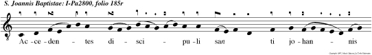 Acceden tes disci puli san ti johannis
bap ti ste tulerun corpus eius  et sepelierunt  il
lud. Jussu  herodis amputatum est caput johan nis
in carcere quo audito discipuli e ius. Tulerun
Gloria  Et.