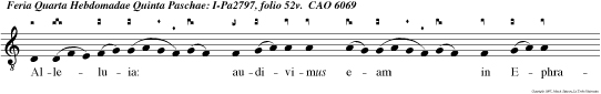 Alleluia: audivimus eam in Ephrata: invemimus eam in campis silvae: Introibimus in taber naculum ejus: adorabimus in loco, ubisteterun pedes ejus, alleluia alleluia.