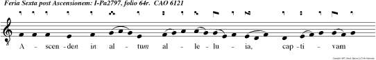 Ascenden in altum alleluia, captivam duxit captivitatem, Dedit dona hominibus, alleluia alleluia.