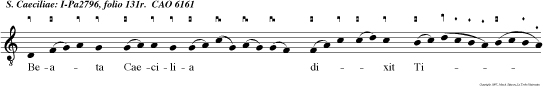 Beata Caecilia dixit Tibur tio: Hodie te fateor meum esse cognatum Qui a amor Dei te fecit esse con tem torem idolorum