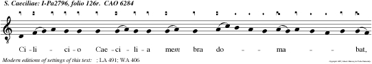 Cilicio Caecilia mem bra domabat, Deum gemitibus exorabat: Almachium exsuperabat, Tyburtium et Valerianum ad coronas vocabat.