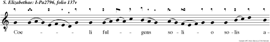 Coeli fulgens solio solis amitta pallio inter astra gloriae novum Sydus gratiae Elisabeth per fidie tenebras retundit: Et lucem laetitiae mestis lapsis venie gaudium refundit.