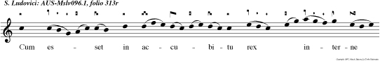 Cum es set in accubitu rex  interne dulcedinis arcens potenti spiritu pestes carnis et sanguinis Bonorum septus ambitu. Sceptro fulsit re    giminis.
