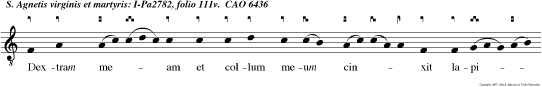 Dextram meam et collum meum cinxit lapidibus tiosis, tradidit auribus meis inaestimabiles margaritas, Et circum dedit me vernantibus at que corruscantibus gemmis.