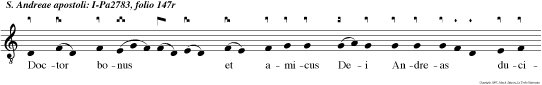 Doctor bonus et amicus Dei Andreas ducitur ad crucem: aspiciens a longe, vidit crucem: Salve, crux, Suscipe discipulum ejus, qui pependit in te magister meus Christus.