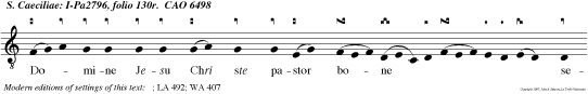 Domine Jesu Chri ste pastor bone seminator casti consilii, suscipe seminum fructus quo in Caecilia seminasti: Caecilia famula tua, qua si apis tibi argumen tosa deservit.