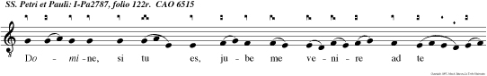 Domine, si tu es, jube me venire ad te super aquas. Et exten den manum appre hendit eum: Et dixit Jesus Modicae fidei, quare dubitasti.