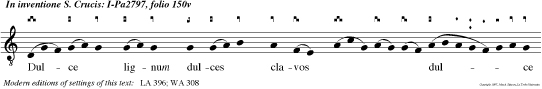 Dulce lignum dulces clavos  dul ce pondus sub stinu it. Que digna fuit porta-re   pretium  huius  secu li alleluya.