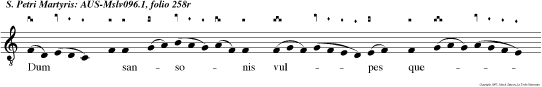 Dum  sanso nis vulpes que rit ab iniquis e mitur ca put sa crum lictor fecit visti sanguis funditur. Sic triumphi pal  mam gerit dum pro fide mo    ritur. Alle   luya.