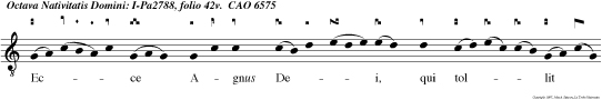Ecce Agnus Dei, qui tollit peccata mundi: ecce de quo dicebam vobis: Qui post me venit, ante me factus est: Cujus non sum dignus corrigiam calceamenti solvere.