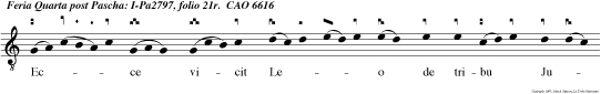Ecce vicit Leo de tribu Juda, radix David, aperire librum et solvere septem signacula ejus: Alleluia alleluia alleluia.