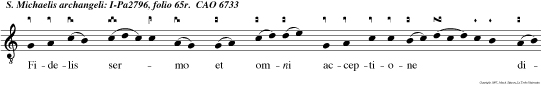 Fidelis sermo et omni acceptione dignus: Michael Archangelus pugnavit cum diabolo: Gratia Dei ille victor in coelis exstitit, Et illi hosti antiquo patuit ruina magna.