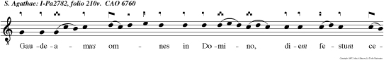 Gaudeamus omnes in Domino, diem festum celebrantes sub honore Agathae, virginis, De cujus passione gauden angeli, et collaudant filium Dei.