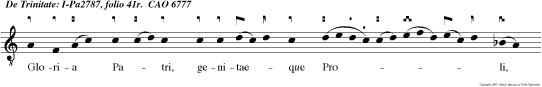 Gloria Patri, genitaeque Proli, et tibi, com par utriusque semper Spiritus alme, Deus unus, Omni tempore saecli.
