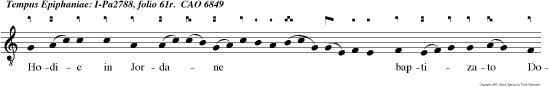 Hodie in Jordane baptizato Domino aperti sun coeli: et sicut columba super eum Spiritus mansit, et vox Patris intonuit: Hic est Filius meus dilectus, in quo mihi complacui.